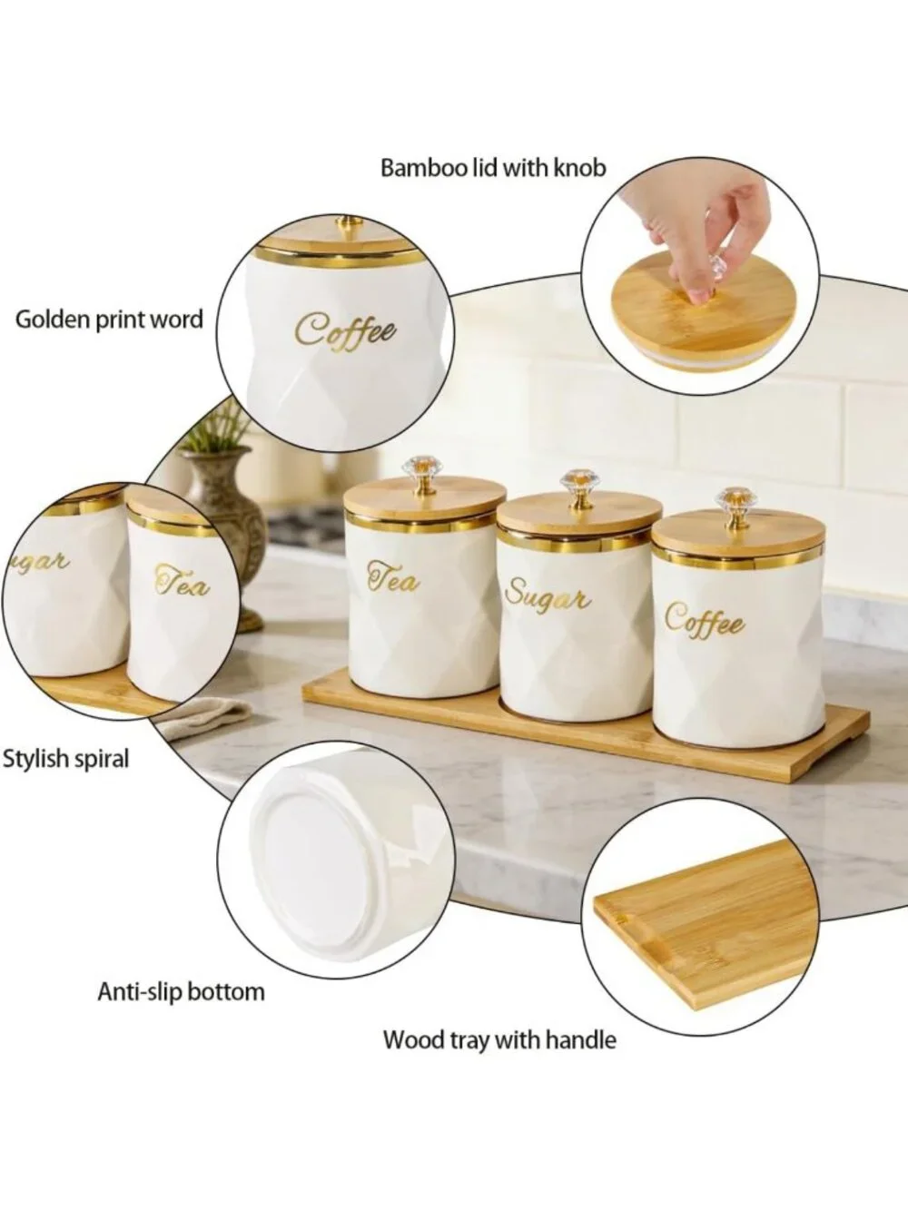 Set of 3 White Ceramic Canisters with Bamboo Lids - Airtight Storage for Coffee